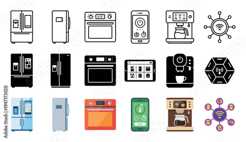 Comprehensive set of smart home appliance icons, illustrating various internet of things devices like refrigerators, ovens, and coffee makers.