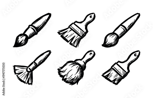 Set of various hand-drawn black and white paint brushes, illustrating different styles and shapes for artistic creation.