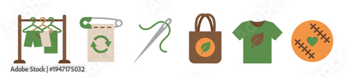 Collection of sustainable fashion and eco-friendly clothing icons, including recycled garments, sewing tools, and organic textile symbols.