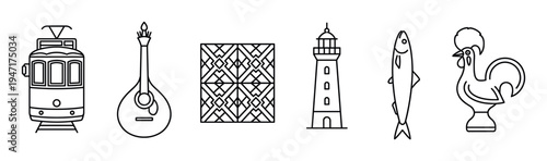 Collection of black outline illustrations showcasing iconic Portuguese elements like a tram, guitar, azulejo tile, lighthouse, sardine, and rooster.