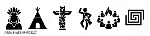 Collection of indigenous culture icons representing traditional symbols and activities like a chief, teepee, totem pole, and campfire gathering.