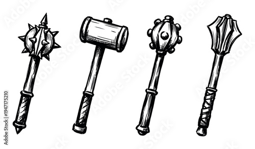 Assortment of hand-drawn medieval bludgeoning weapons, including various maces and war hammers with distinct designs.