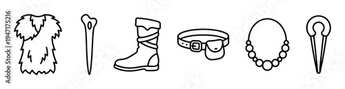 Various outline icons depicting ancient or fantasy clothing and accessories such as a fur vest, bone tool, boot, belt, and necklace.