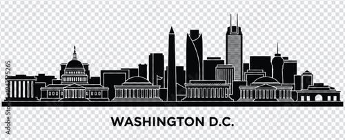 Vector illustration black and white illustration of washington dc city skyline with famous landmarks