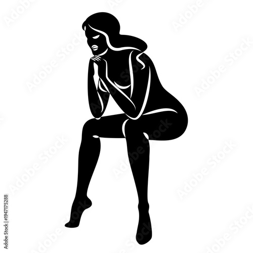 Silhouette of a cute lady, she is sitting. The girl has a beautiful naked figure. The woman is a young sexy and slim model. Vector illustration