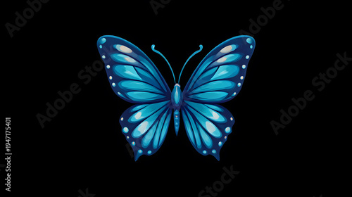 Serene Azure Butterfly: A stunning illustration of a vibrant, blue butterfly, its delicate wings spread gracefully against a dark background, embodying the tranquility of nature.