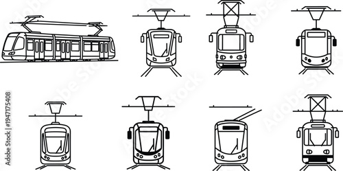 tram train vector set, electric streetcar and light rail vehicles illustration, urban public transport icons, modern city tram collection