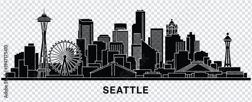 Vector illustration black and white seattle city skyline silhouette with space needle and ferris wheel