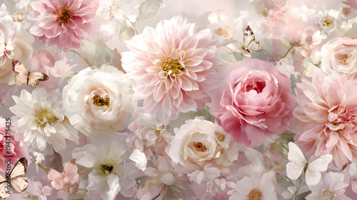 Soft Bloom: A breathtaking composition of tender pink and ivory flowers blossoms, creating an atmosphere of peace and serenity. Delicate butterflies dance gently amidst the petals.