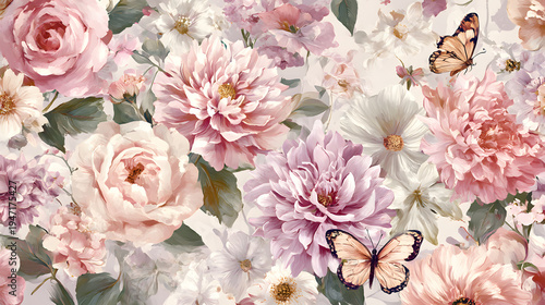 Blooming Garden of Floral Beauty: A captivating display of soft, pastel-colored blooms and fluttering butterflies creates a serene and inviting floral panorama.