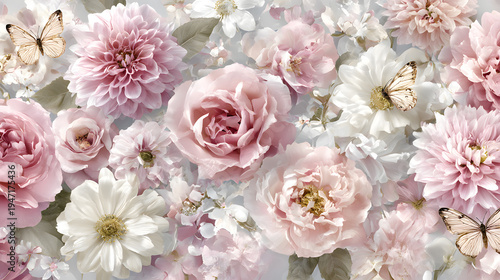 Blooming Beauty: A captivating floral arrangement blooms with soft hues of pink and white, with butterflies delicately fluttering among the petals, creating a serene and elegant ambiance.