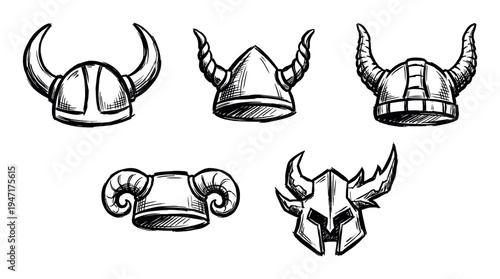 Collection of hand-drawn horned helmets in a sketch style, depicting various designs suitable for Viking or fantasy warrior themes.