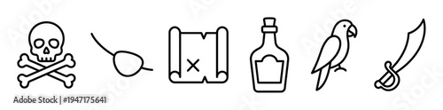 Set of outline icons depicting classic pirate elements such as a skull and crossbones, treasure map, rum bottle, and sword.