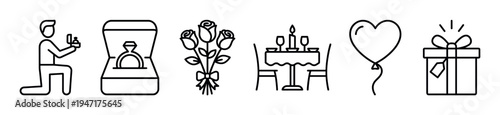 Outline icons representing romantic gestures like a marriage proposal, engagement ring, flowers, dinner, and a gift.