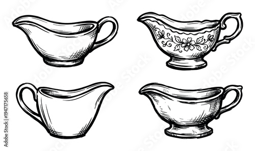 Collection of hand-drawn gravy boats and sauce tureens, featuring various styles including one with an elegant floral pattern, rendered in a sketch art style.