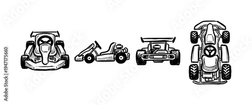 Set of hand-drawn go-karts depicted from multiple perspectives including front, side, rear, and top views, showcasing the compact racing vehicles.