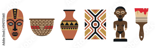 Vibrant collection of traditional African cultural artifacts including a ceremonial mask, woven basket, pottery vase, decorative shield, and wooden figurine.