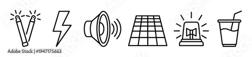 Diverse set of minimalist line icons featuring glow sticks, a lightning bolt, speaker, solar panel, emergency siren, and a refreshing drink cup.