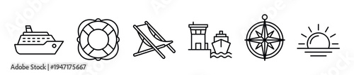 Collection of black outline icons representing various elements of sea travel, ocean cruises, and summer vacation activities.