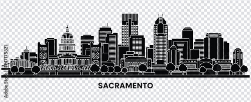 Vector illustration sacramento city skyline illustration with train and buildings in black silhouette