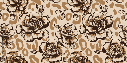 Exotic hand drawn flowers pattern, seamless patterns with floral and leopard for fabric, textiles, clothing, printing, posters, covers, banners, wall art, home decor, abstract backgrounds.
