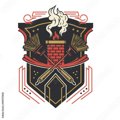 An emblem features crossed broomsticks and mops over a burning brick wall on a shield