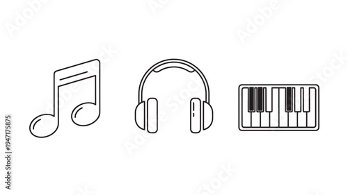 Music Production Icons Set Featuring Headphones Keyboard and Musical Notes