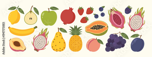 Assorted colorful fruits arranged in rows on a light background
