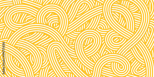 Noodle Ramen Pattern background. Wave yellow spaghetti lines. Abstract pasta food texture. Macaroni poster. Chinese or Italian cuisine packaging. Vector illustration