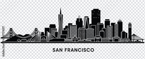 Vector illustration san francisco city skyline with iconic buildings and bridges in black silhouette