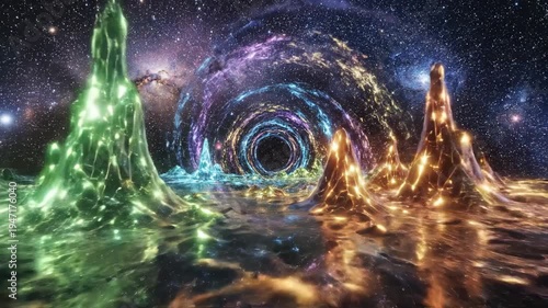 Abstract Cosmic Landscape with Colorful Crystals and Galactic Sky.