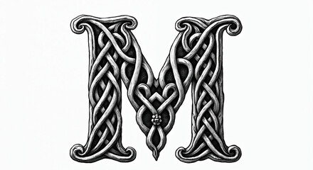Ornate Celtic knot letter M. Monogram features intricate interlaced patterns. Black and white ornamental alphabet initial. Decorative traditional tribal design element.