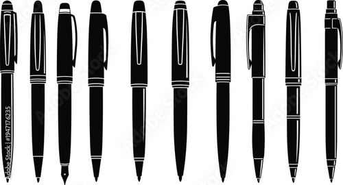 Collection of elegant pen silhouettes isolated set of classic ballpoint fountain and roller pens vector illustration for branding stationery design icons pack