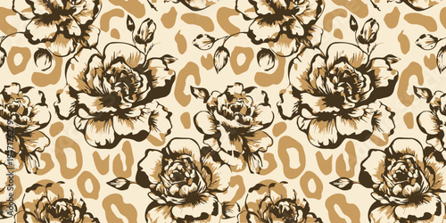 Seamless leopard and flower pattern. Floral pattern.