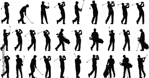 Collection of golfer silhouettes showing different golf swing poses, walking with bag, putting and driving actions isolated vector set for sport design