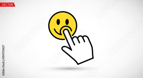 Hand cursor clicking on a happy smiley face icon.