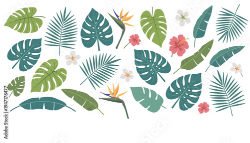 Tropical leaves and flowers pattern on white background