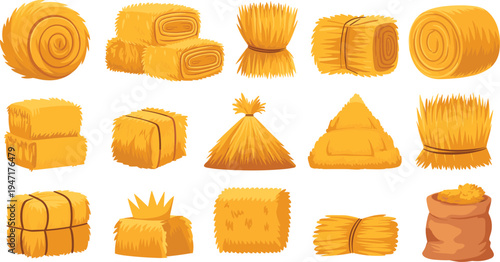 Collection of hay bale and bundle illustrations in various shapes, sizes, rolls, stacks, tied bundles, piles, and sack vector design