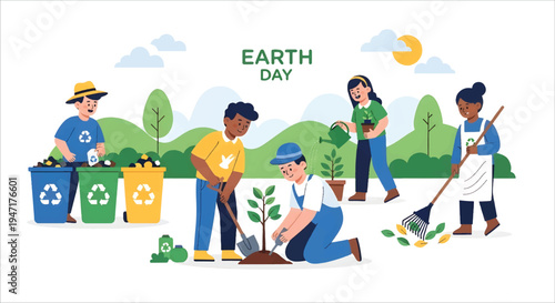 Celebrating Earth Day with a focus on environmental conservation and community engagement through planting and recycling efforts vector design