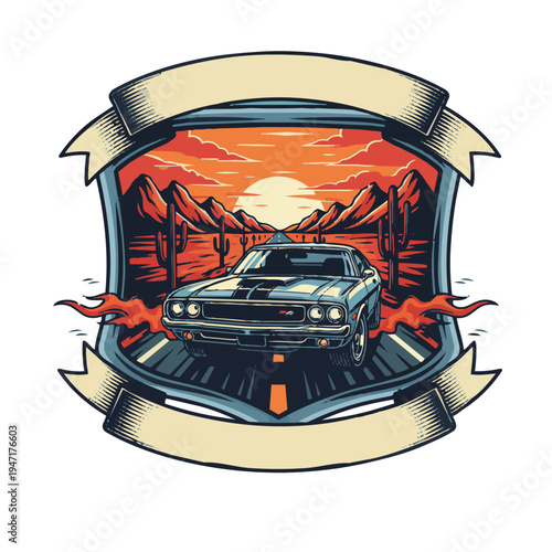 A vintage car speeds down a desert highway at sunset with mountains