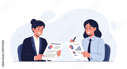 Two businesswomen discussing financial reports and charts at a meeting.