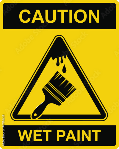Caution wet paint warning sign with paint brush dripping symbol safety hazard notice yellow caution board vector illustration isolated