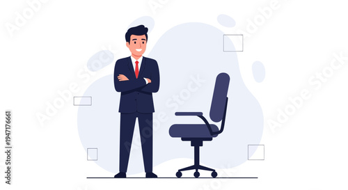 Confident businessman standing arms crossed next to empty office chair, job interview concept