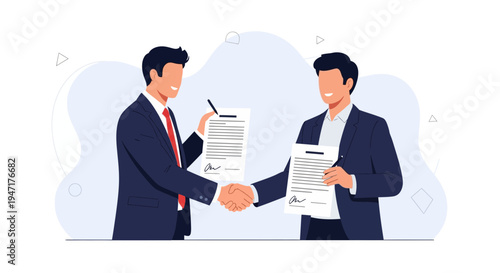 Businessmen Shaking Hands Over Signed Contract, Partnership Agreement, Deal Closing