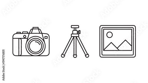 Photography Equipment Icon Set Featuring Camera Tripod and Photo Frame Outline Vectors for Creative Media Design
