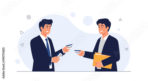 Businessmen exchanging credit cards, financial transaction, partnership, agreement concept