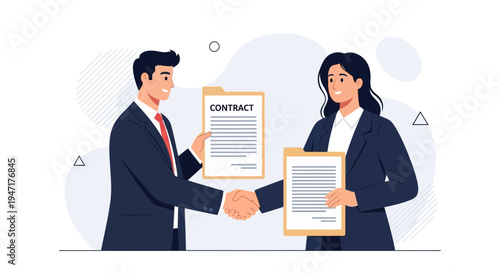 Business partners shaking hands over contract agreement, successful deal illustration