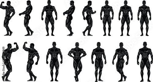 Bodybuilder muscular man poses collection showing bodybuilding fitness physique athlete vector illustration isolated black set