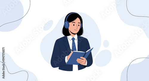 Businesswoman with headphones studying a book, taking notes