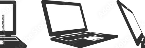 Three Laptop Icons In Different Angles On White Background computer technology